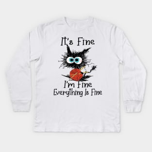 Crochet Black Cat It's Fine I'm Fine Everything Is Fine Kids Long Sleeve T-Shirt